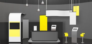 Advertising exhibition stand with counter, banners, displays, shelves for handout on glossy floor 3d mockup vector illustration